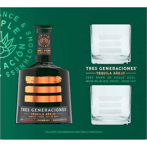 Tres Generaciones with 2 Rocks Glasses Gift Set Anejo Tequila
